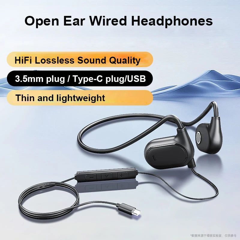 3.5mm/Type-C Open Ear Headphones Wired Air Conduction Plug Hifi Sound Earphone with HD Call Microphone for Gaming Home Office